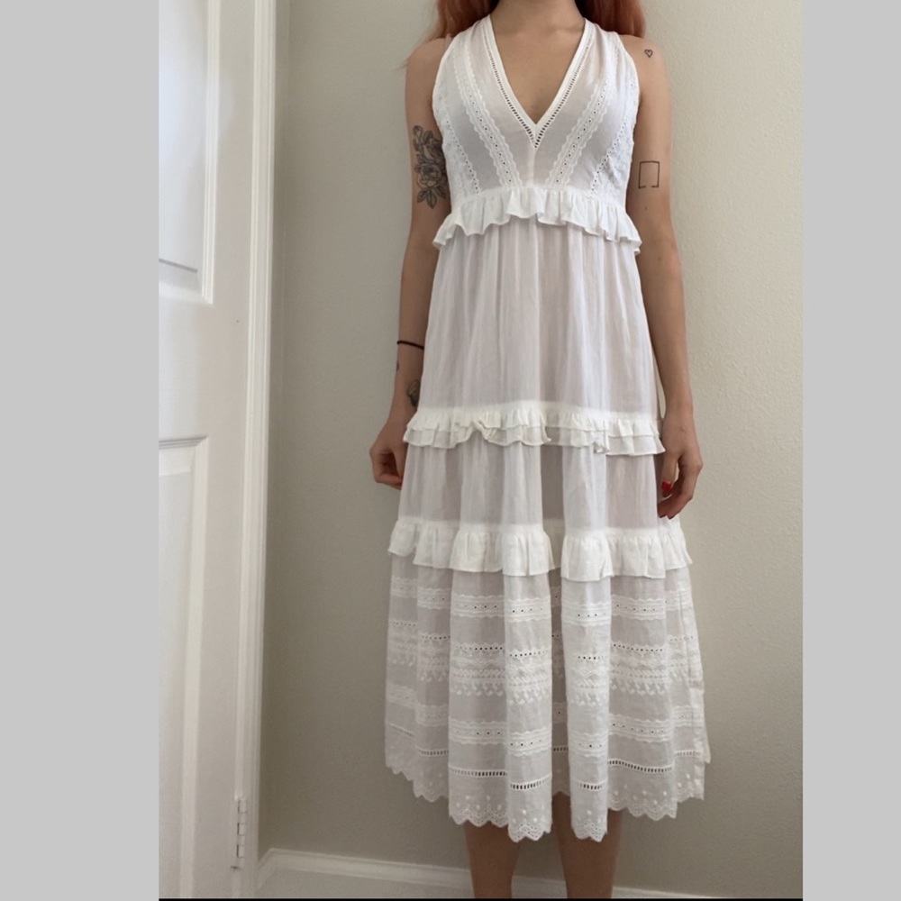 white ruffled midi dress